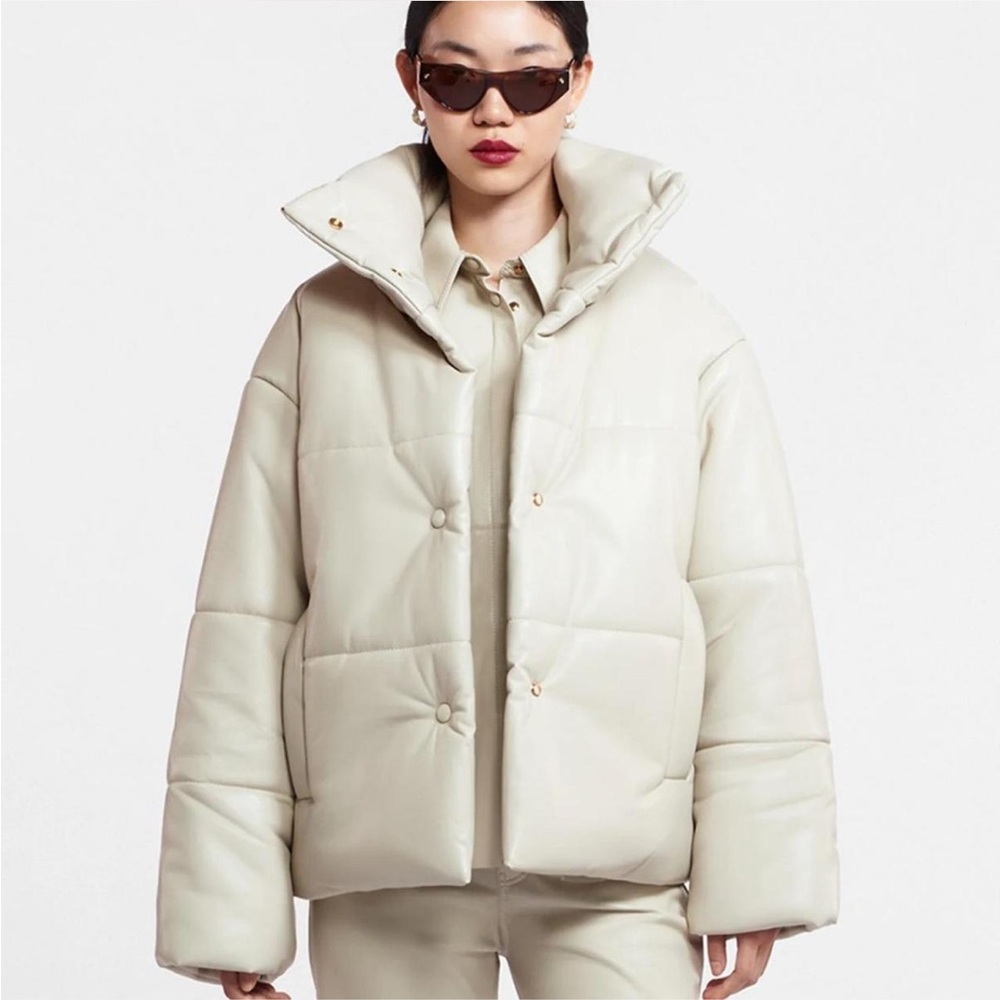 Mango Women's Beige Cream Puffer Jacket Vegan Leather